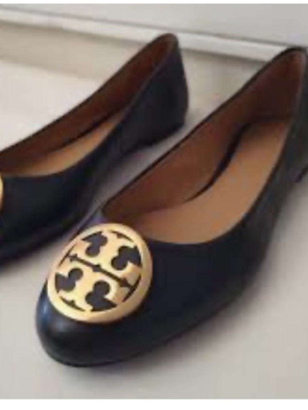 Tory Burch Black Leather Ballet Flats with Gold Logo Medallion